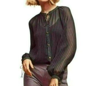 Maeve Della Women's Medium Blue Green Chevron Sheer Long Sleeve Button Up Blouse